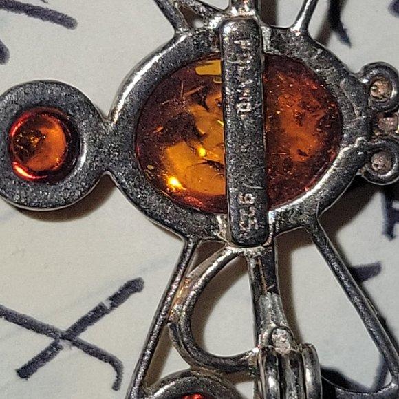 Dragonfly Bug Insect Pin Brooch Silver 925 Amber Gems Poland Estate 2" - Picture 9 of 9